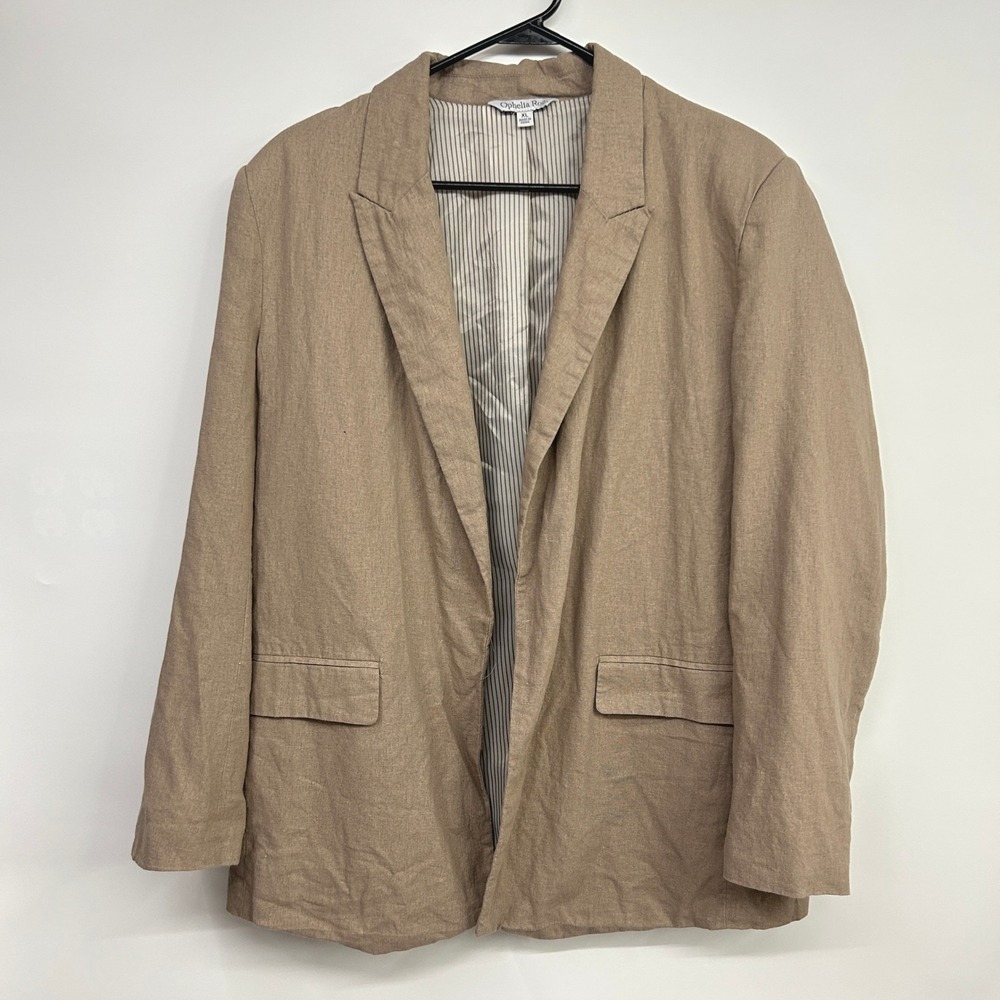 Ophelia Roe Linen Blend Open Front Blazer XL Tan Coastal Minimalist Academia